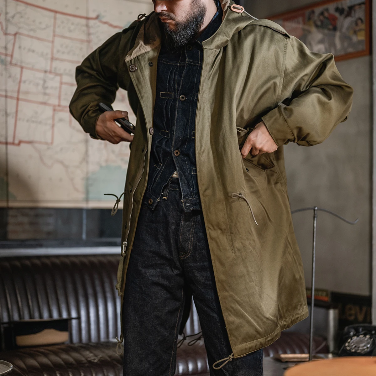 

Red Bronson M95 Fi Tail Coat Men's Long Jaet M5 Windbreaker Parka Youth Trendy Loose Fit Multiple kets Casual Wear