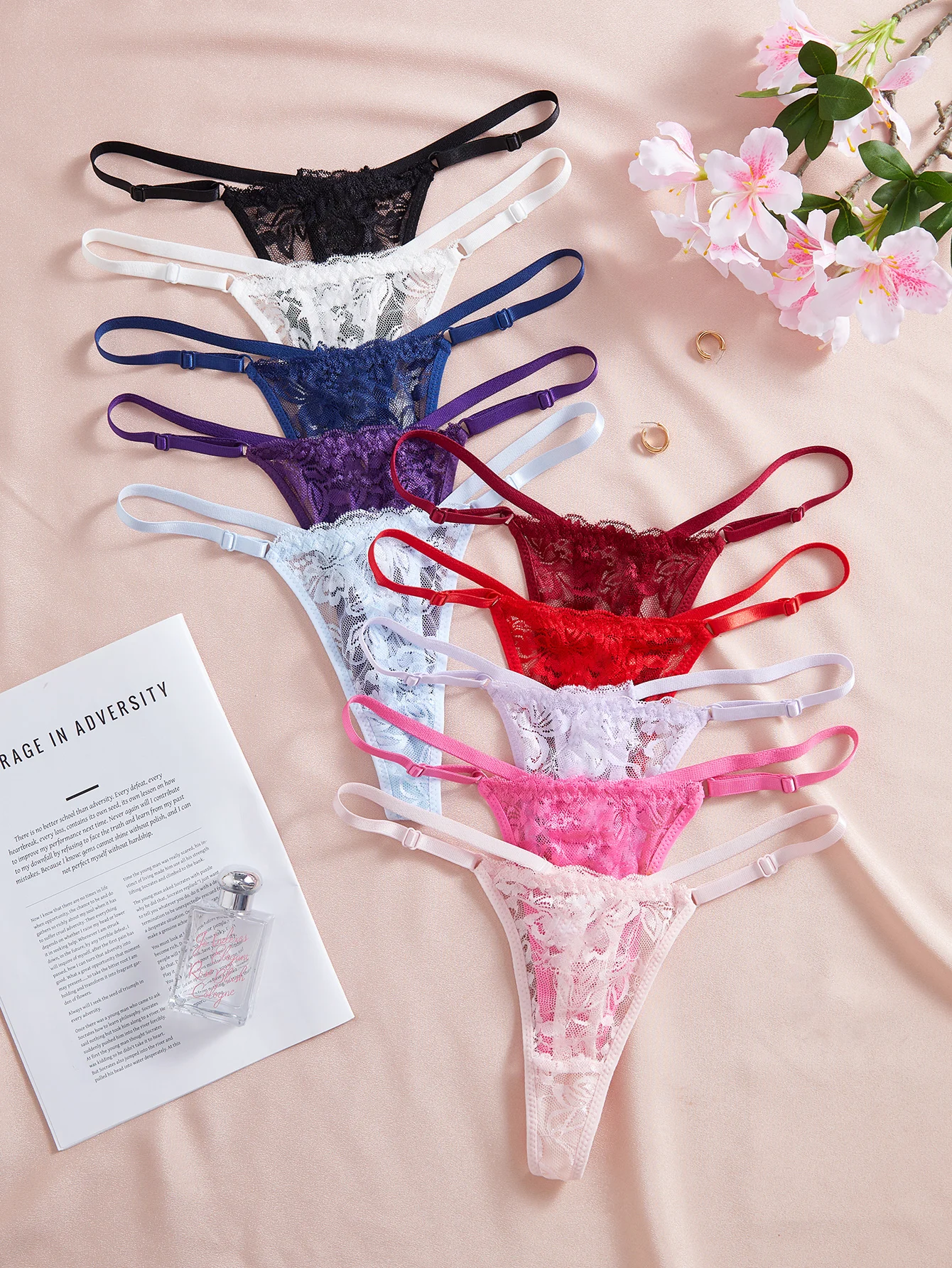 10Pcs/ Set Floral Lace Women Panties Hollow Out Sheer Thong Adjustable Straps Sexy Lingerie