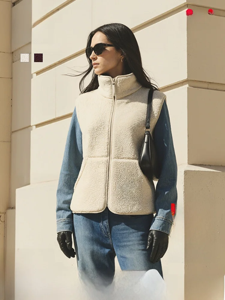 

H&M Women's Vest 2026 Spring New Anti-Cold Furry Aesthetic Inner Wear Fce Jaet Stand Fit Zipper Polyester Ladies' Coat