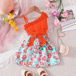 Summer Girls' Knee-length Skirt Sundress Casual Diagonal Shoulder Suspender Asymmetrical Sleeveless Printed Party Dress Belt