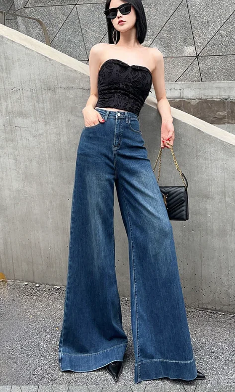 

Women's jeans with oversized legs, flared pants, elastic waist, Floor Trousers retro wide leg pants