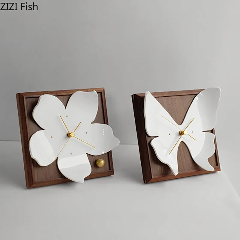 

Creative White Flower Shaped Table Clocks Silent Sweep Needle Clock Living Room Decoration Wood Framed Wall-mounted Timepiece