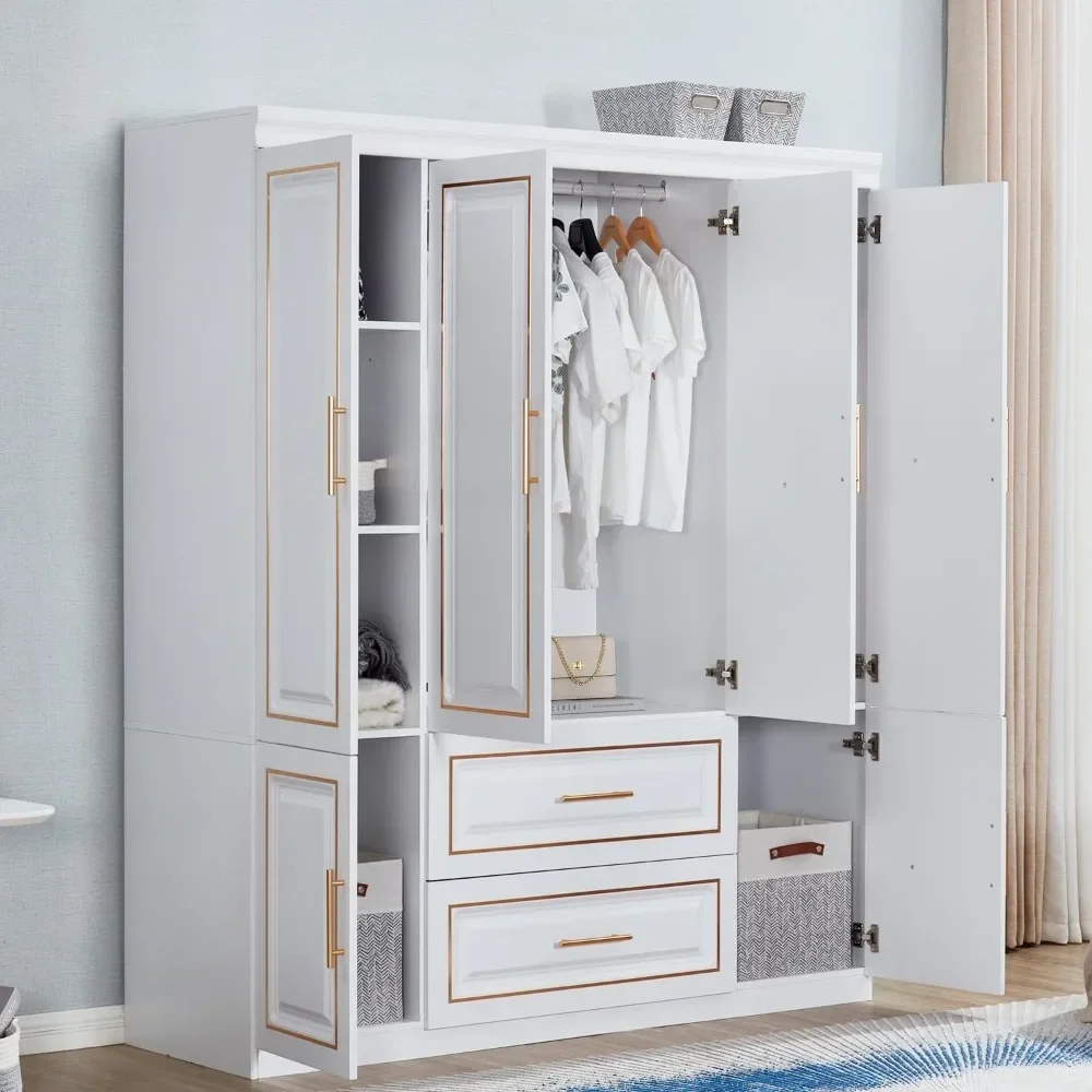 

74" H Closet with Doors White Wooden Armoire Wardrobe Closet Freestanding Clothes with Hanging Rod Shelf 2 Drawers,Wardrobes