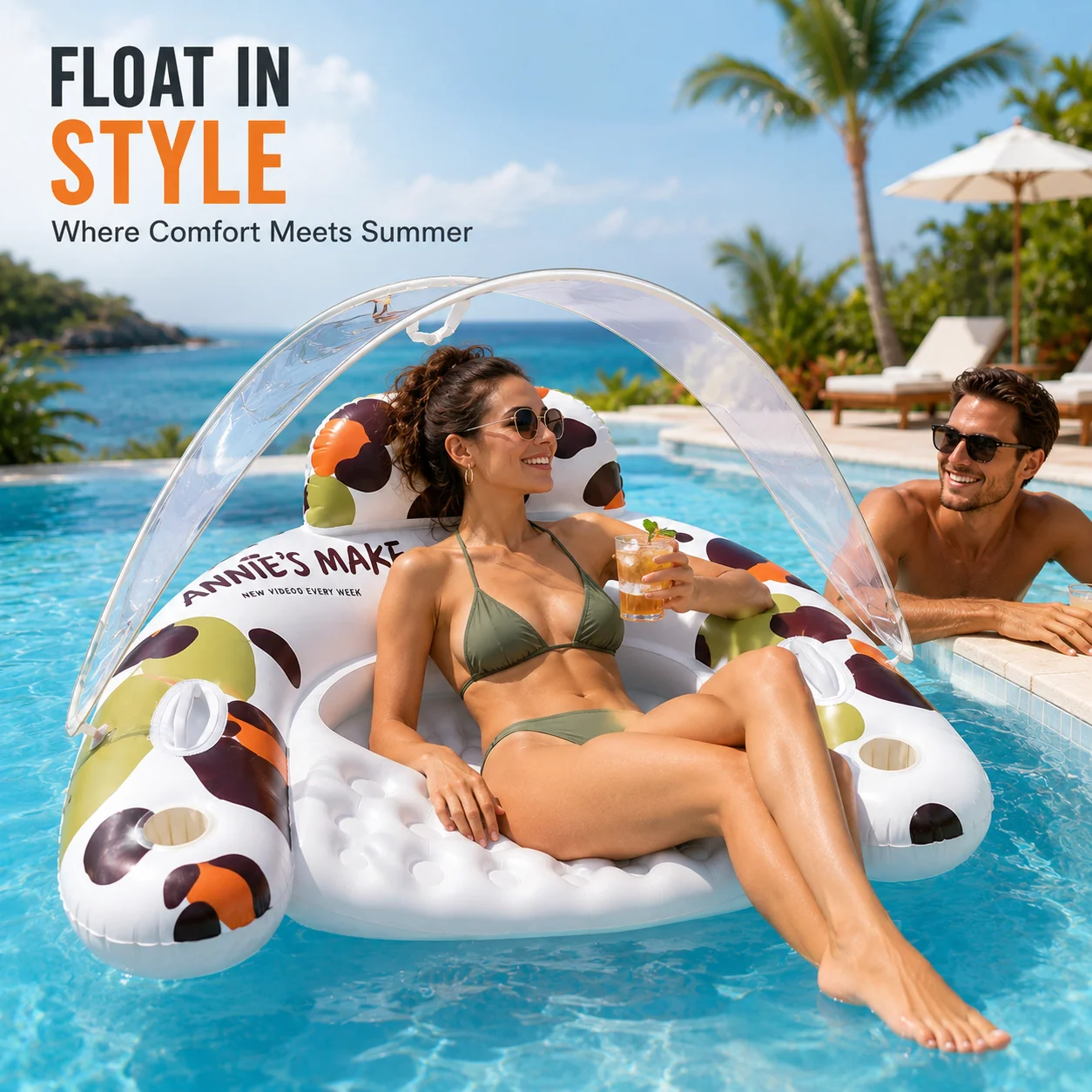 Inflatable Pool Float with Canopy for Adults, Leopard Print Lounger Chair with Cup Holder Backrest, Sunshade for Pool Lake Beach