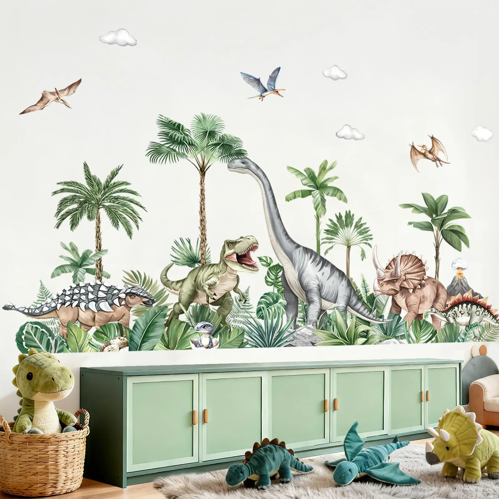 Watercolor Dinosaur Jungle Animal Wall Stickers Woodland Wildlife Leaves Wall Decals for Bedroom Bathroom Living Room Wall Decor