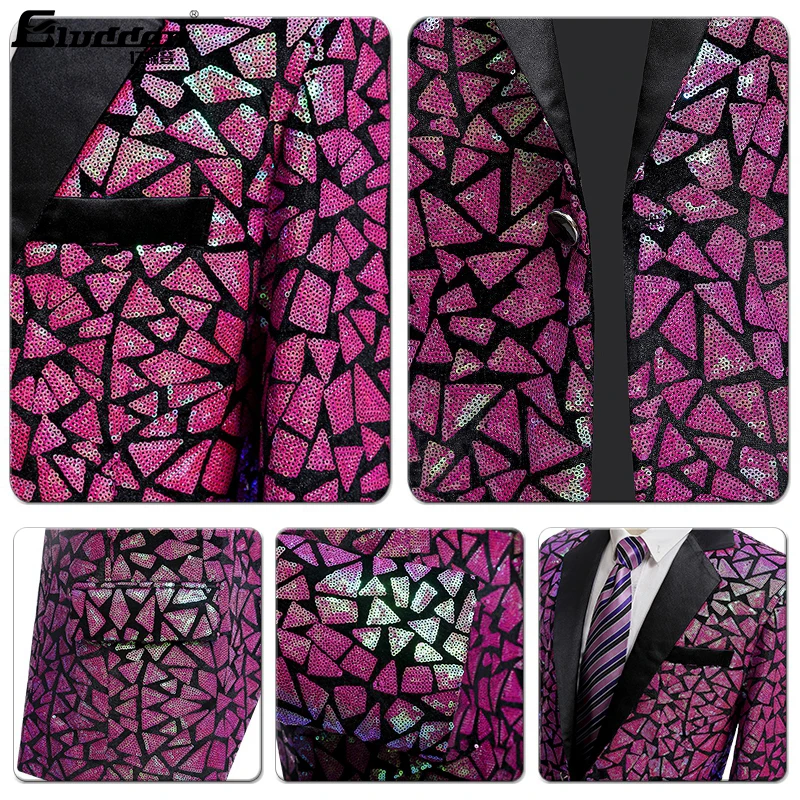 Men Colorful Triangle Sequins Fashion velvet fabricEmbroidery Sequin Blazer Masculino Men Suit Stage Singer Costume Shiny Blazer