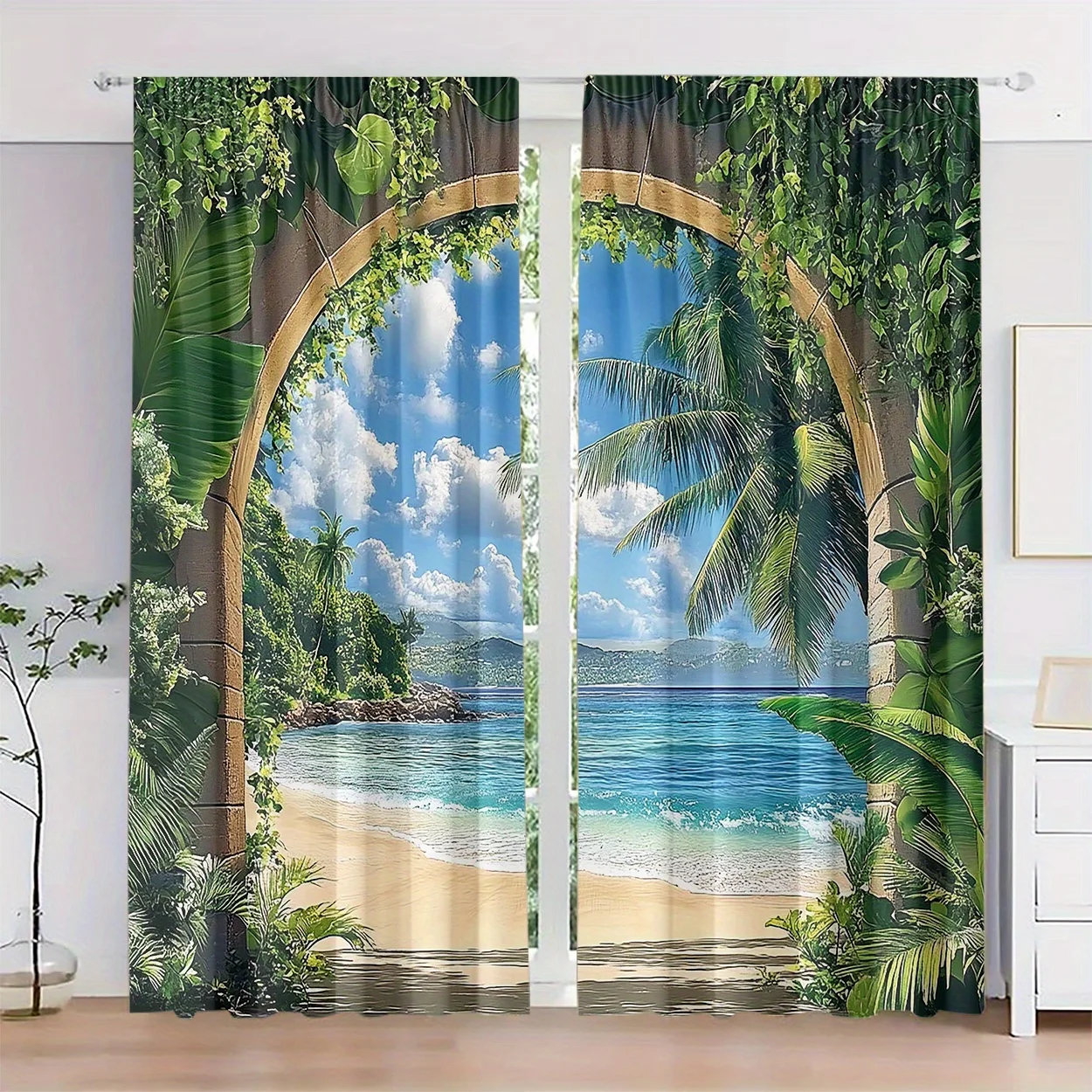 Luxury Tropical Beach Curtains Window Curtain Set Home Decoration Paradise Jungle Ocean View Aesthetic Living Room Curtain Panel