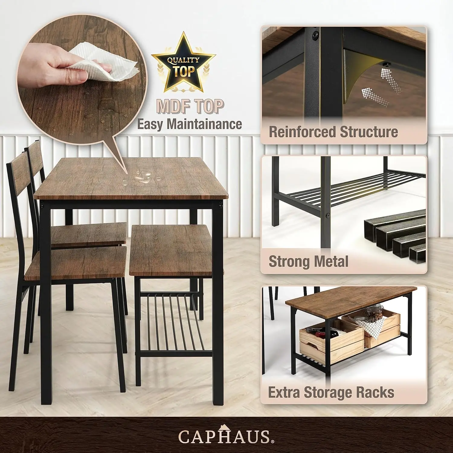 Conjunto de mesa de jantar para casa, banco e cadeiras, mesa moderna para sala de jantar, cozinha com cremalheira, carvalho de teca, 4 PCs