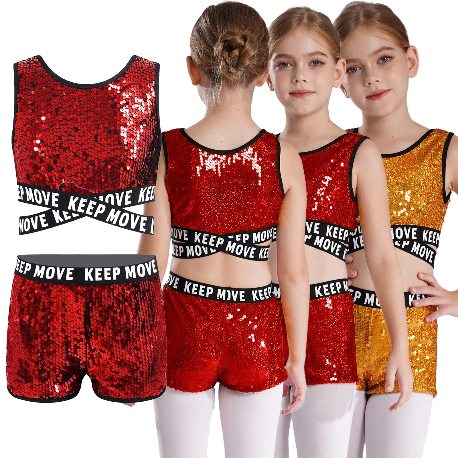

Kids Girls Shiny Dance Clothes Set Sequin Dancewear Jazz Dance Outfit Sleeveless Letter Print Crop Top with Shorts Sportswear