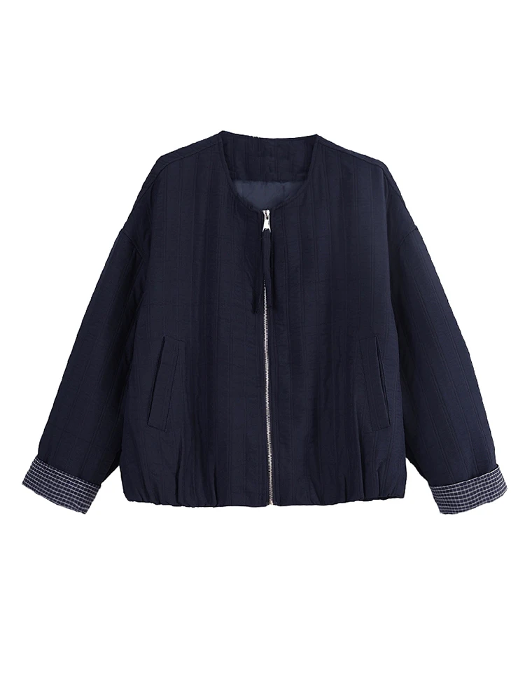 Kurtka damska z zamkiem błyskawicznym, pikowana, duży rozmiar, swobodny styl, rozpinany kardigan, długi rękaw, okrągły dekolt, płaszcz na sezon jesienny.