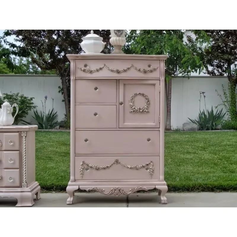 American country solid wood carving flower antique old chest storage cabinet bedroom pink French retro makeup table