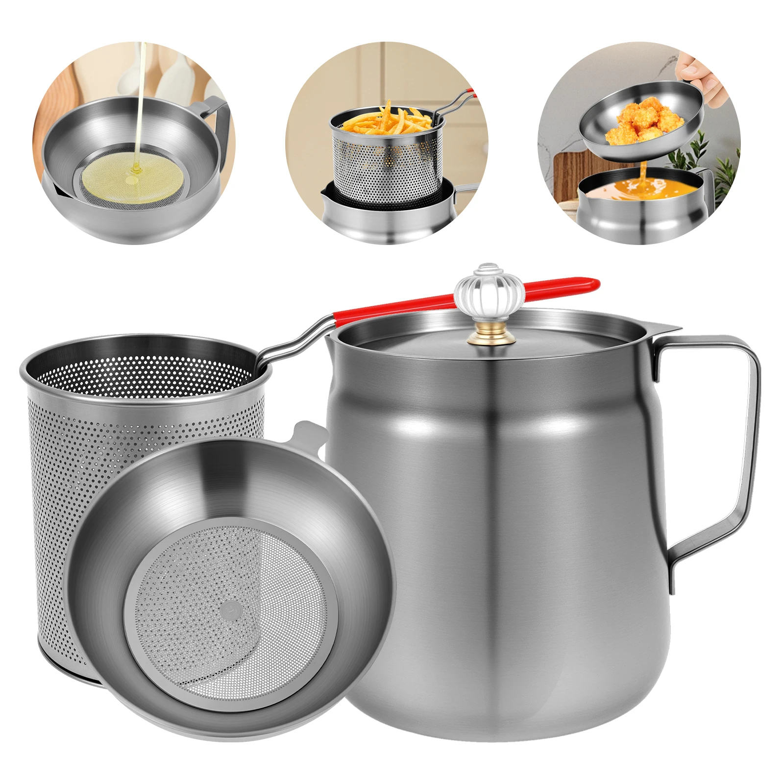 

1.5/2L Oil Filter Pot 304 Stainless Steel Oil Strainer Pot with Deep Fryer Basket and Strainer Cooking Grease Container for Home