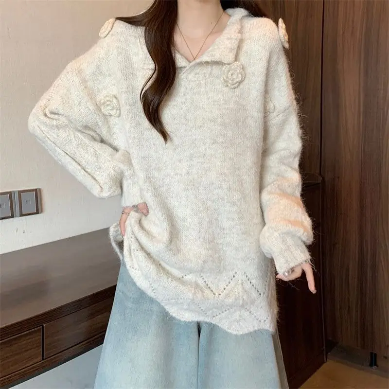 

Осень-зима, однотонный серый свитер с v-образным вырезом и вышивкой, 3D цветочный свитер, большой размер, женская внутренняя одежда, модный вязаный топ