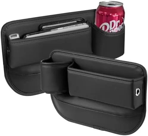 

Car Seat Gap Filler Organizer with Cup Holder – PU Leather Phone & Sunglasses Holder for Car, SUV, Truck (2-Pack Black)