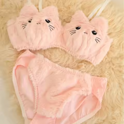 Cartoon Funny Cats Faux Fur Plush Lingerie Set - Women's Bra Top And Panty Holiday Gift Idea Lovely Underwear Set for winter