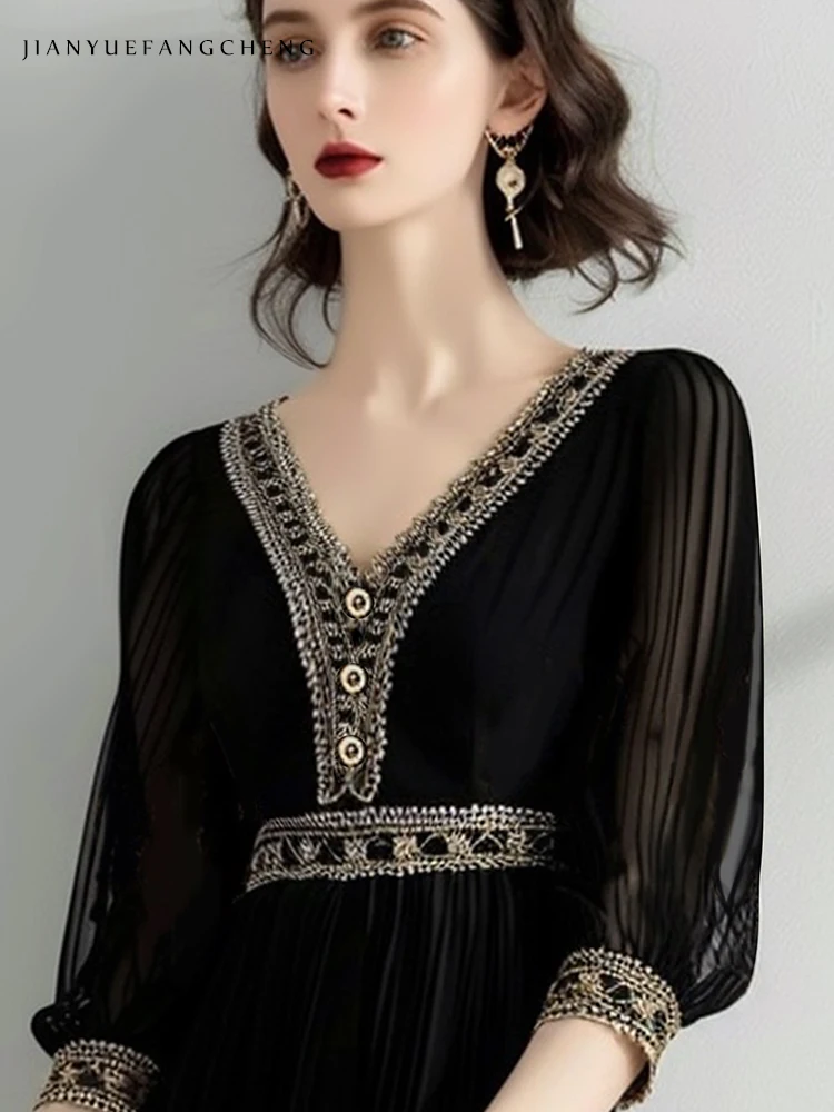 2024 Summer Elegant Vintage Black Embroidered Chiffon Dress Women\'s High Waist A-line V-neck Short Sleeve Party Cocktail Dresses