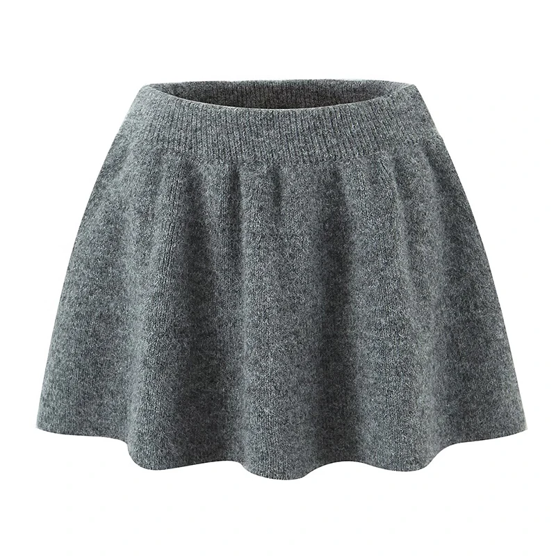 New Autumn  Women Preppy Style Elastic Waist Gray Knit Mini Skirt