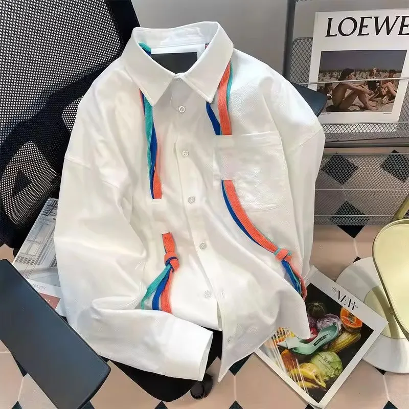 Vintage Coloured Ribbon Design Shirt Simple Casual Oversized Blouse Summer Chic White Pocket Long Sleeve Tops Women's Clothing