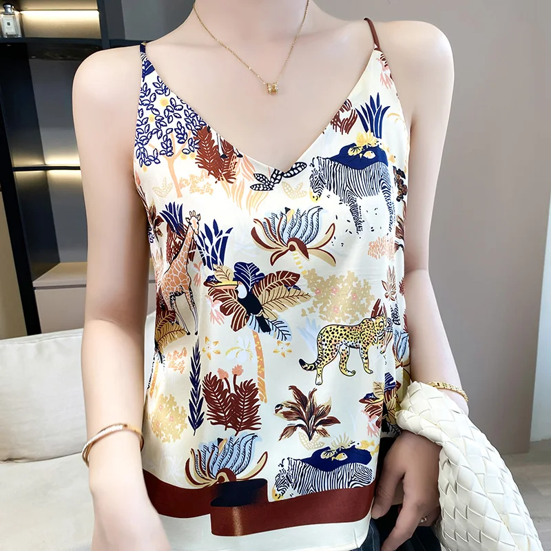 Spring and Summer Silk Camisole Women\'s V-neck Beautiful Back Animals Print Bottoming Camisole Outer Tower OL Suit Knitted Top