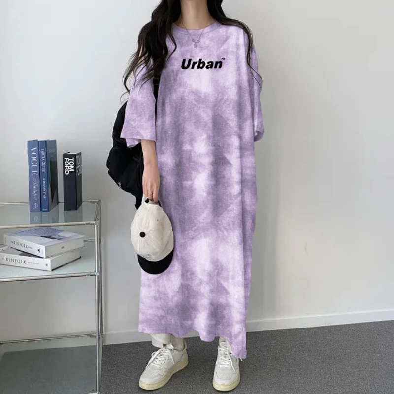 夏の韓国半袖プラスサイズの女性のカジュアルロングドレス脂肪 Mm ルーズニーハイ Tシャツロングスカート女性服
