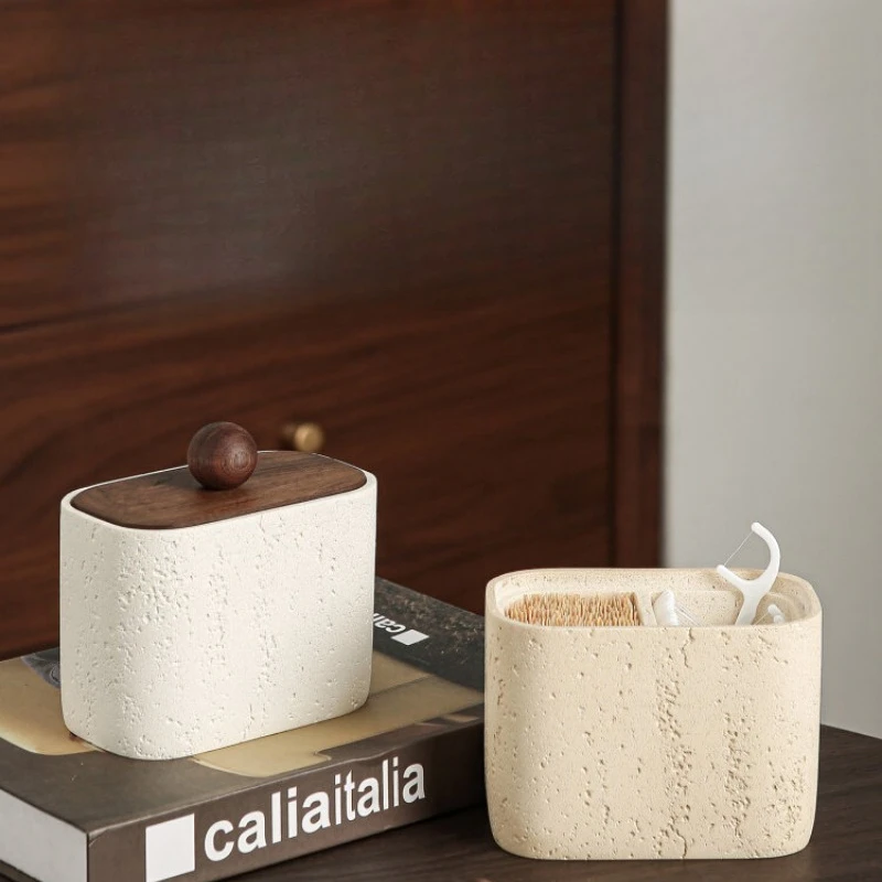 Natural Light Luxury Natural Stone Toothpick Holder, Modern Travertine Dental Floss Container for Home Bathroom Organizer