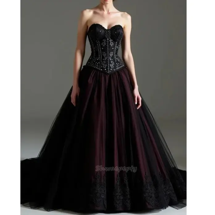 Vintage espartilho gótico vestido de casamento preto e borgonha a linha querida rendas apliques frisado longo vestido de noiva personalizado