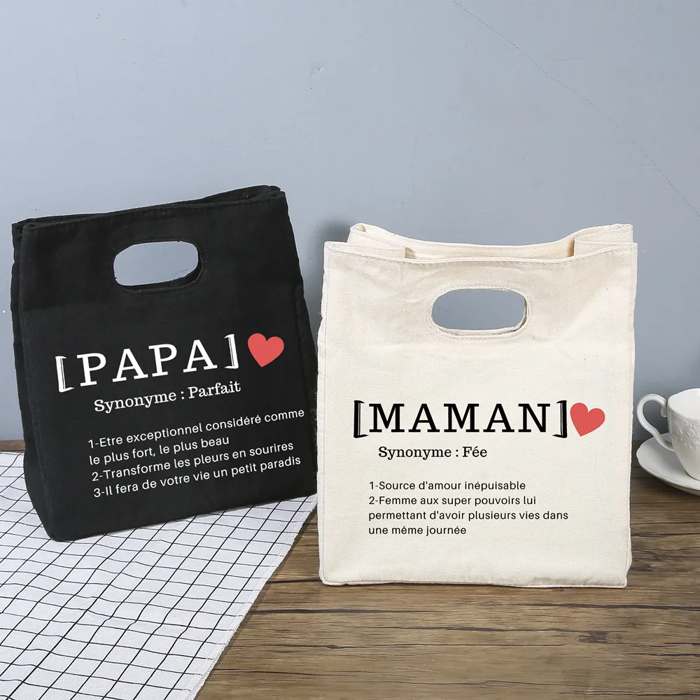 

Maman Papa Definition Pattern Cooler Lunch Bag Portable Insulated Canvas Bento Tote Thermal Picnic Food Storage Pouch best Gifts