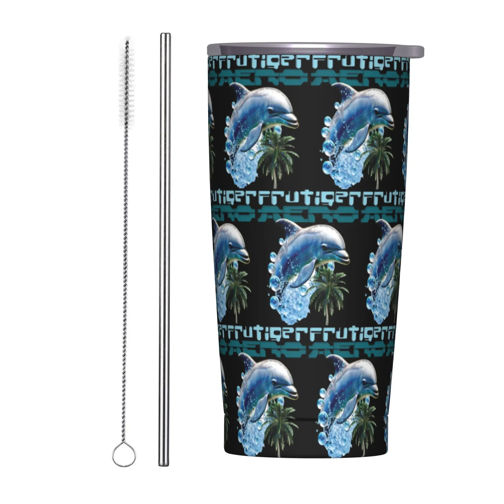 Frutiger Aero with Dolphin and Palm Tree Insulated Tumbler with Lid Vacuum Thermal Mug Double Wall Car Bottle Cup, 20oz