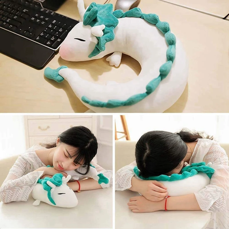 2X Cute White Dragon Neck Pillow, Animation Plush Animal Neck Pillow, Animal Body Flying Pillow With Sleep Goggles