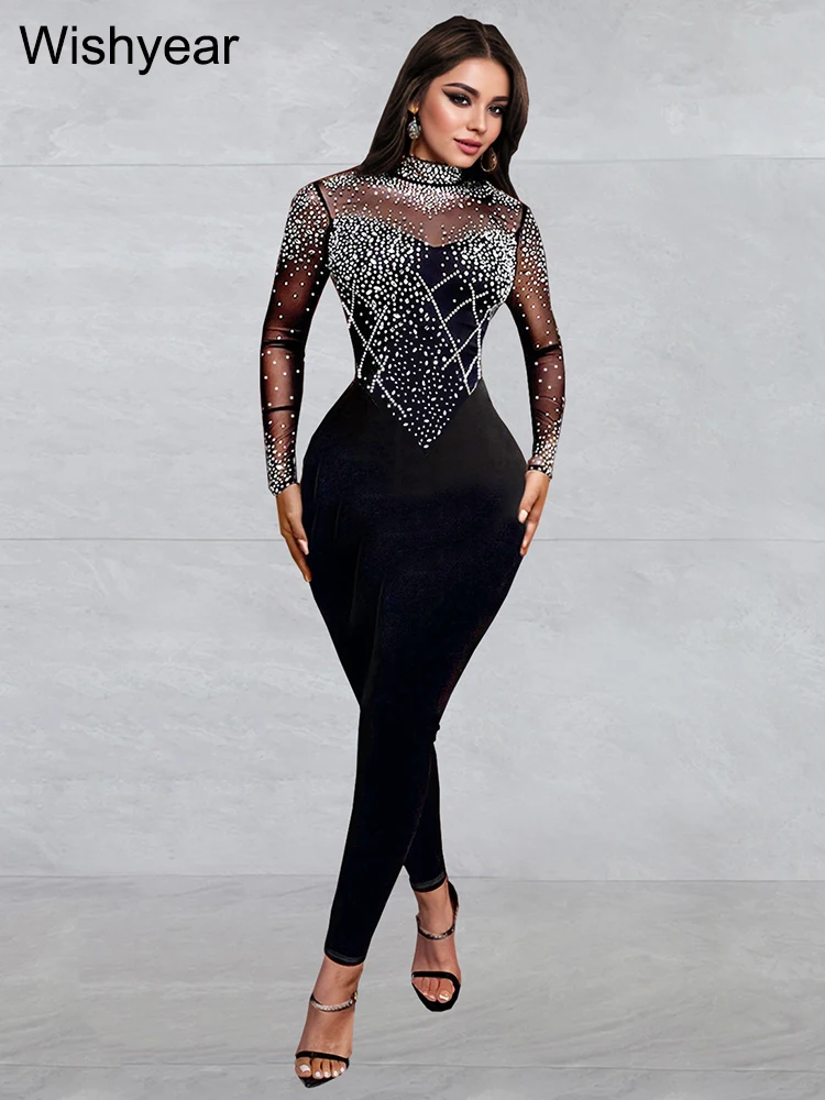 Wishyear seksowna siatka przepuszczalna Rhinestone czarne kombinezony damskie jednoczęściowe stroje Bodycon z długim rękawem pajacyki urodzinowe Clubwear