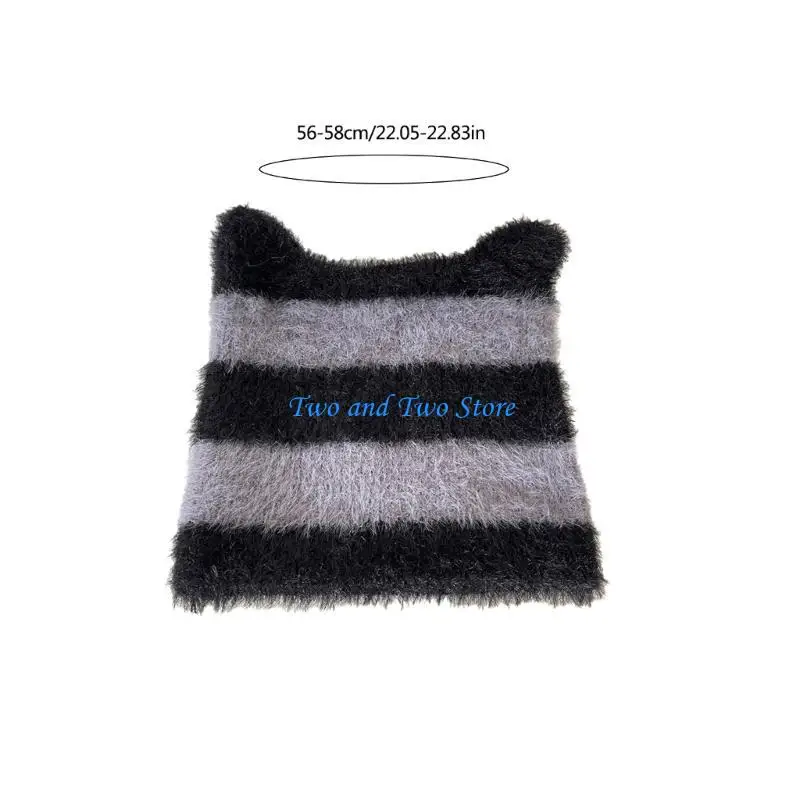 HX6F Women Snapshots Hat Devil Ear Brimless Hat Fashion Striped Knitted Caps