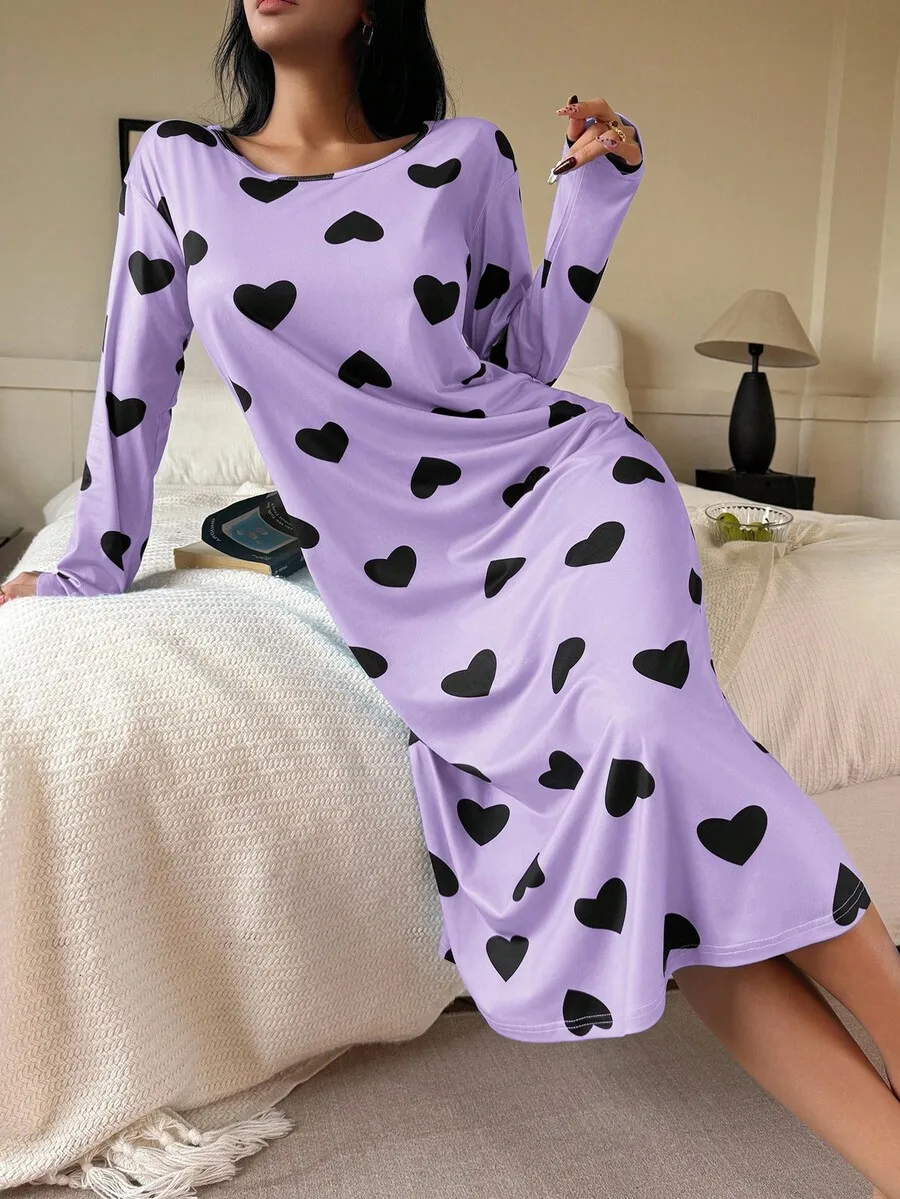

Womens Purple Heart Print Long Sleeve Nightgown For Winter