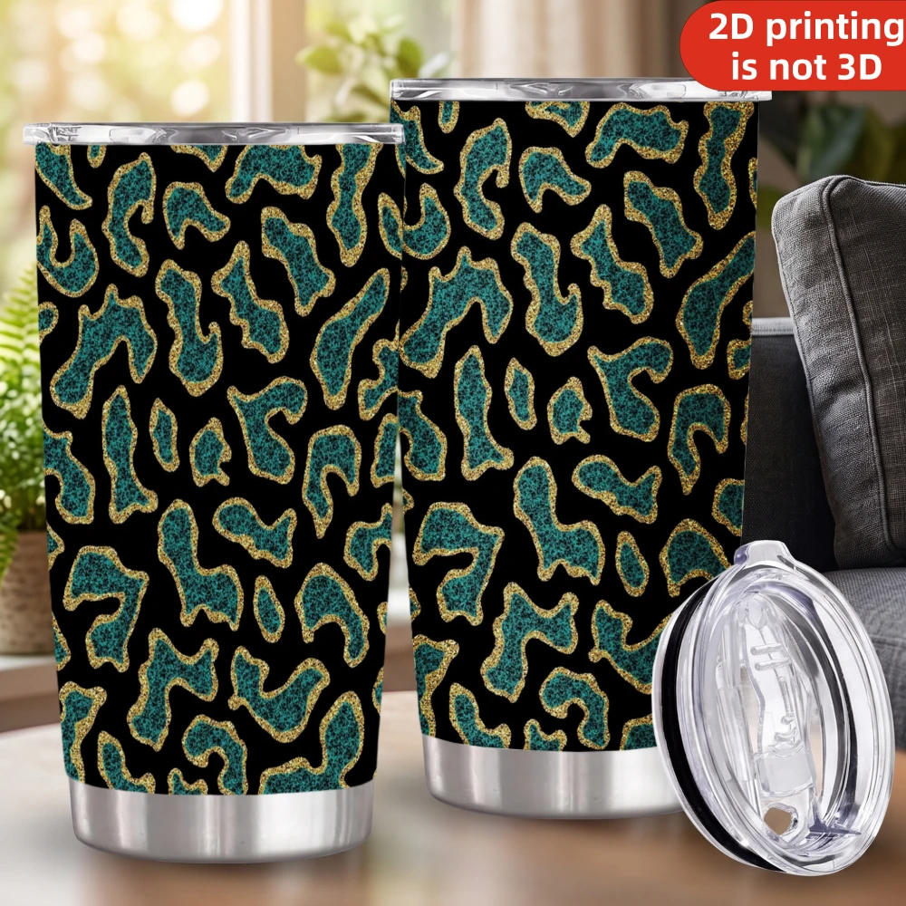20oz Teal Turquoise Gold Glitter Leopard Print Stainless Steel Tumbler with Lid and Straw, Sparkle Cheetah Spots Black Vacuum Insulated Travel Coffee Mug Gifts for Women