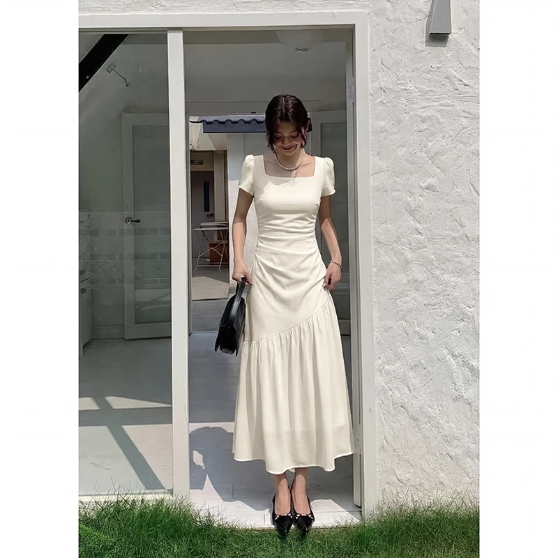 Summer 2026 Women's Simple Design Waist-Cinching Slimming Square Neck Dress Midi A-Line Skirt Casual Polyester Fiber Dress