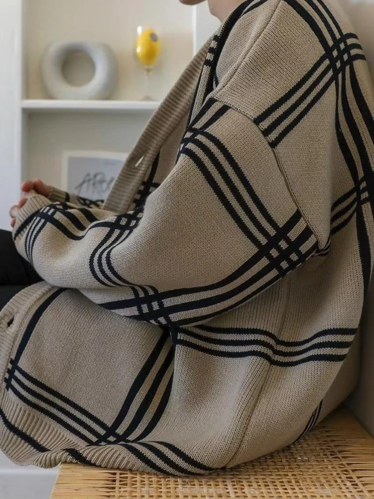 Cardigan in maglia a quadretti vintage da uomo - Capispalla dalla vestibilità rilassata in stile coreano, giacca casual alla moda primavera/autunno