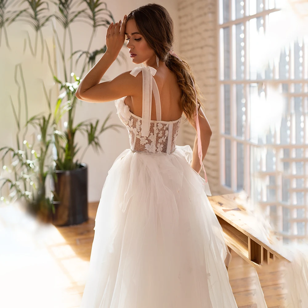 Robe de mariée en Tulle, motif de fleurs 3D, style bohémien, avec des Appliques, décolleté en cœur, ruban sur mesure, bretelles Spaghetti, ligne A, dos nu