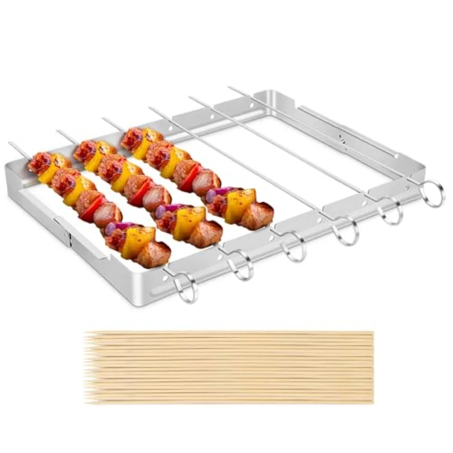 

Stainless Steel BBQ Shish Kabob Set, Foldable Shish Kabob Holder with 6pcs 13L Skewers, Reusable Grill Rack, Comes with 30pcs 1