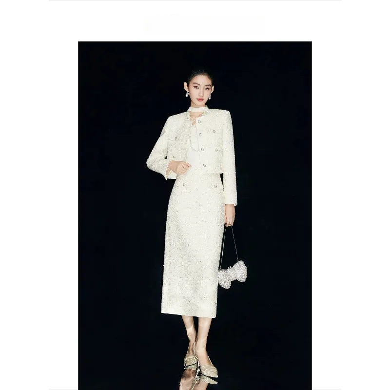French Tweed Two Piece Set Women Elegant Autumn Outfit
