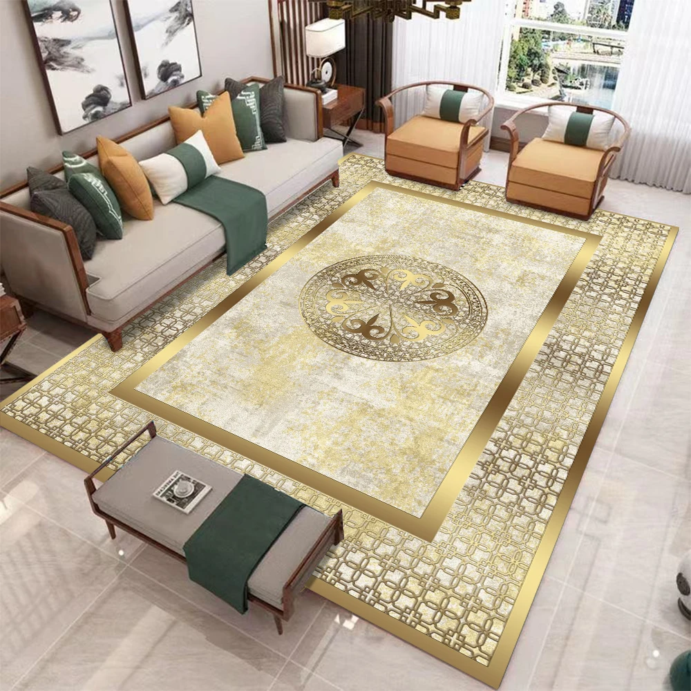 Luxury Black & Gold Medallion Rug Geometric Border NonSlip Easy Clean Elegant Decor Carpet for Living Room Dining & Formal Space