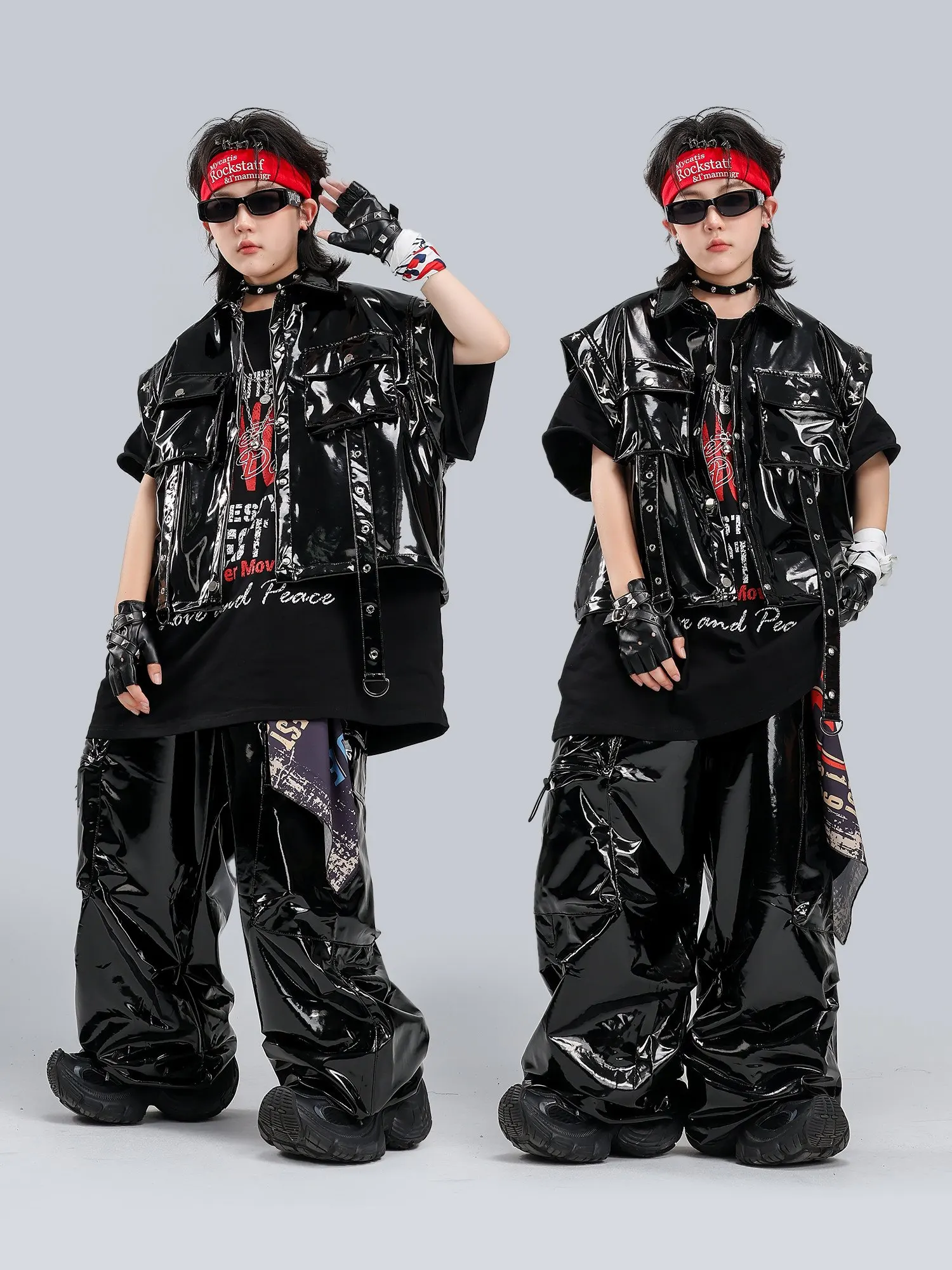 Kids Hip Hop Dance Performance Costume Black Leather Vest Pants Suit Poppin Street Dance Clothing Girls Boys Stage Outfit L19851