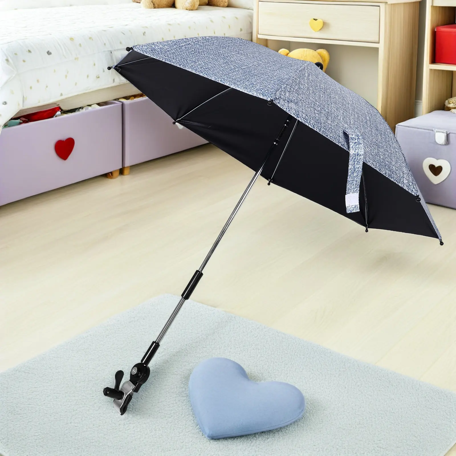 Universal Baby Stroller Umbrella Black Coating Uv Protection Parasol Adjustable Clamp Lightweight Portable for Summer Outdoor