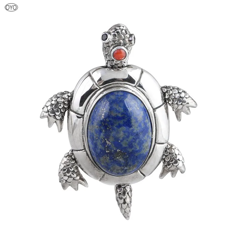 

100%S925Silver pendant retro made old limbmobile turtle sweater Pendant with lapis lazuris pendant for women