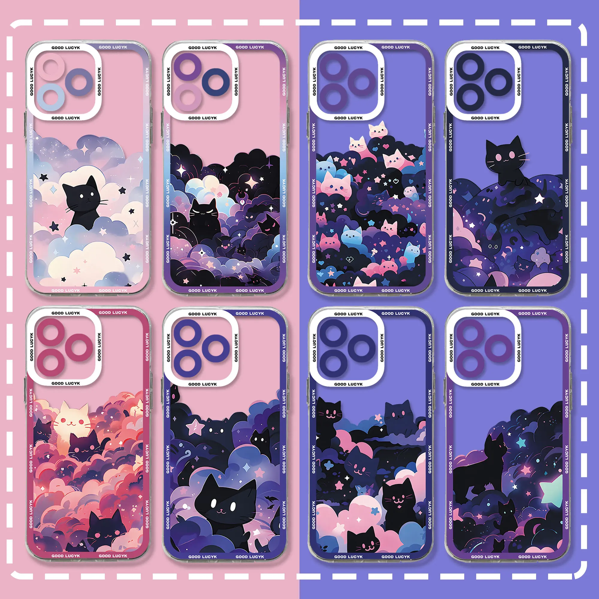 Cartoon Starry Sky Black Cat Phone Case For OPPO Reno 12F 12 7 11 11F 10 2F 4 8 8T 8Z 7Z 7 6Z 6 5 F21 Pro Plus 4G 5G Clear Soft