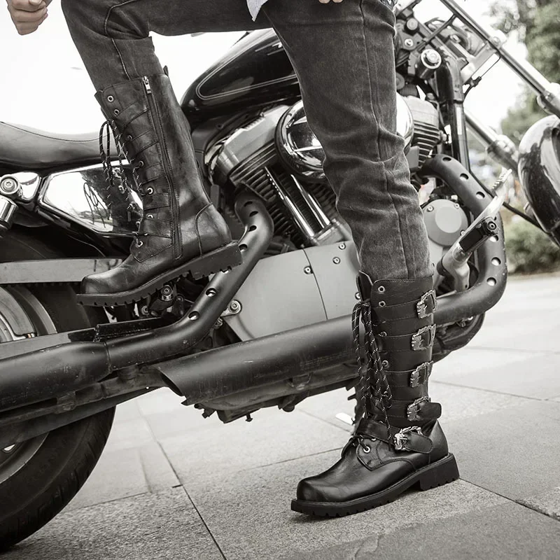 High Quality Winter Men's Leather Motorcycle Boots Punk Chain Mid-calf Platform Gothic Combat Boots for Men Biker Boots for Men