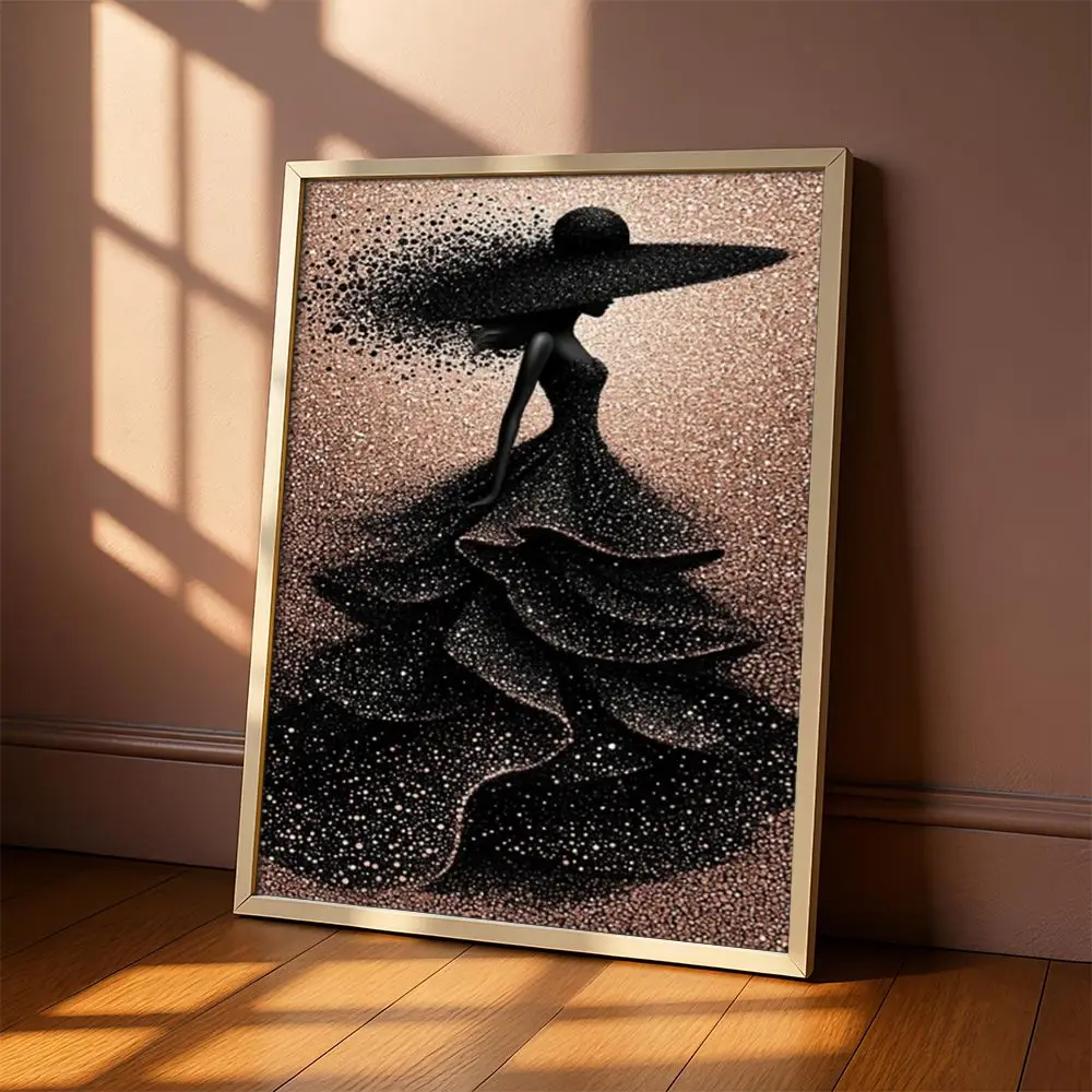 A decorative ink particle style black skirt illustration for a lady, with a niche artistic sense and home hanging painting