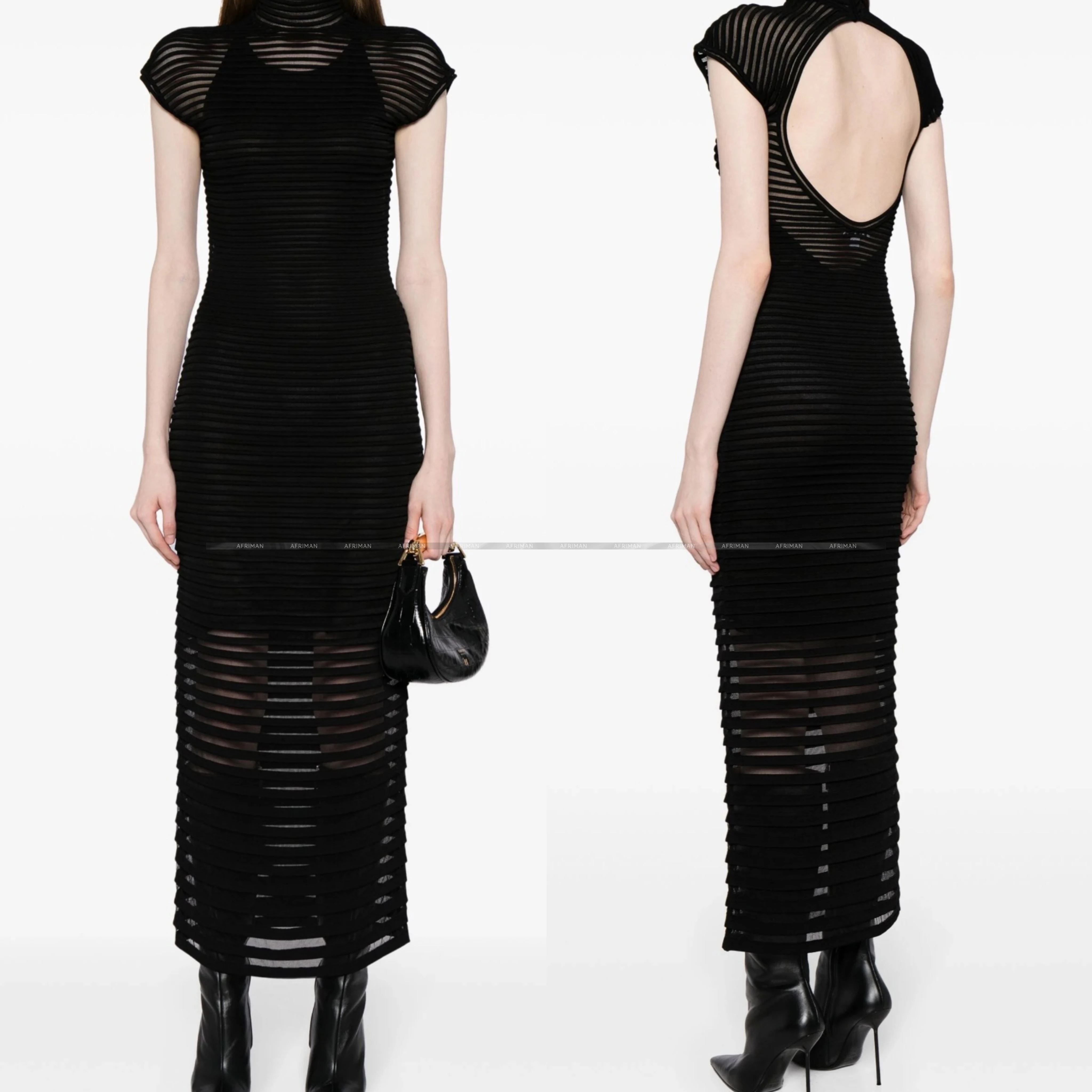 Women Chinese Mandarin Collar Little Perspective Hollowed Out Horizontal Striped Sexy Backless Knitted Long Dress