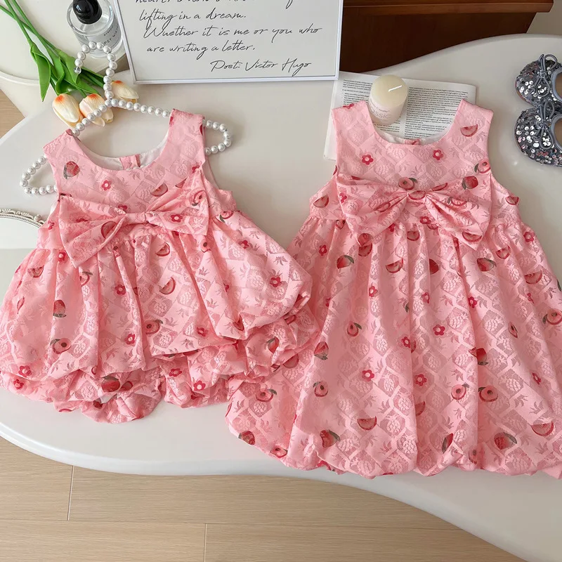 

Baby Girl Sleeveless Suit2024Summer Girl Cute Suspenders Bowknot Western Style Bud-Shaped Pants Two-Piece Set