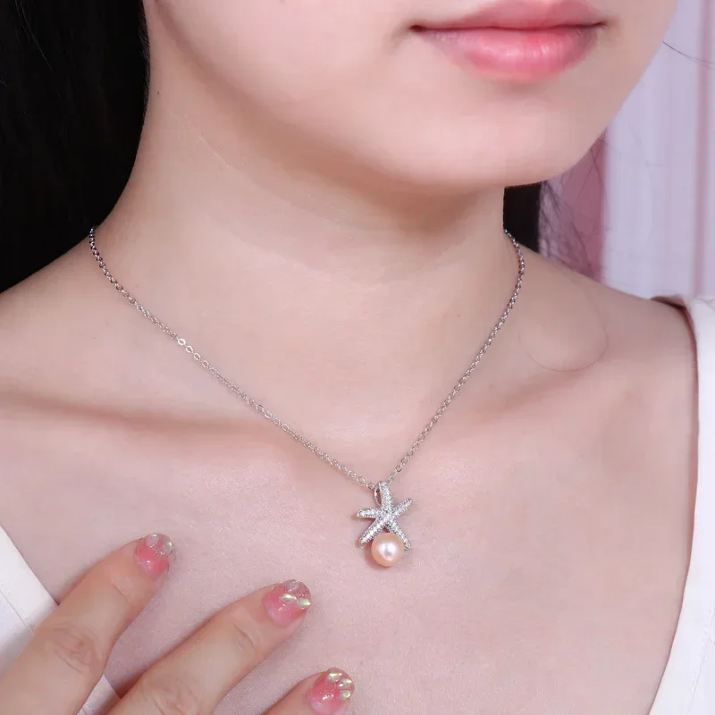 HENGSHENG 8-9mm White Freshwater Pearl Pendant Necklaces for Women Shine Zircon Starfish Pendant Jewelry Collier Femme Wholesale