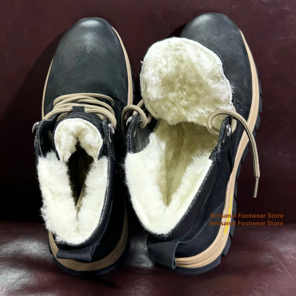 

Black Leather Men's Snow Boots Winter Thick Soled Lace Up Boots British Style Lace Up Men's Shoes Trendy Handmade Men's Boots