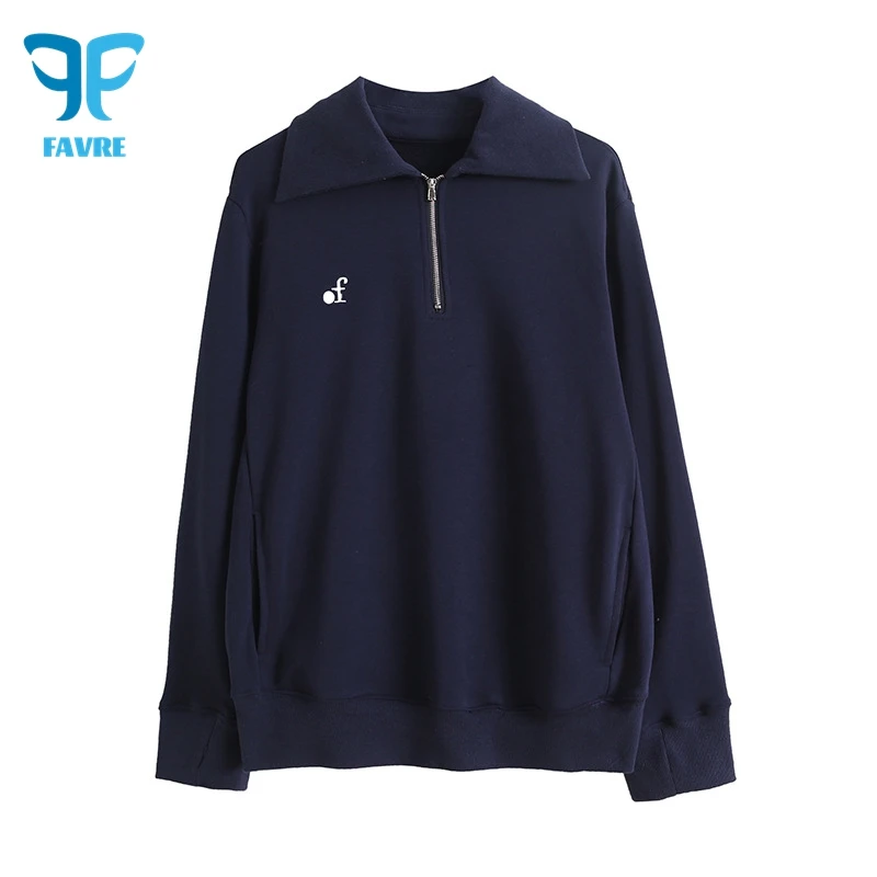 

FAVRE Letter Embroidery Sweatshirts Womens Lapel Zipper Pullovers Spring Autumn Korean Version Casual Slim Side Pockets Tops